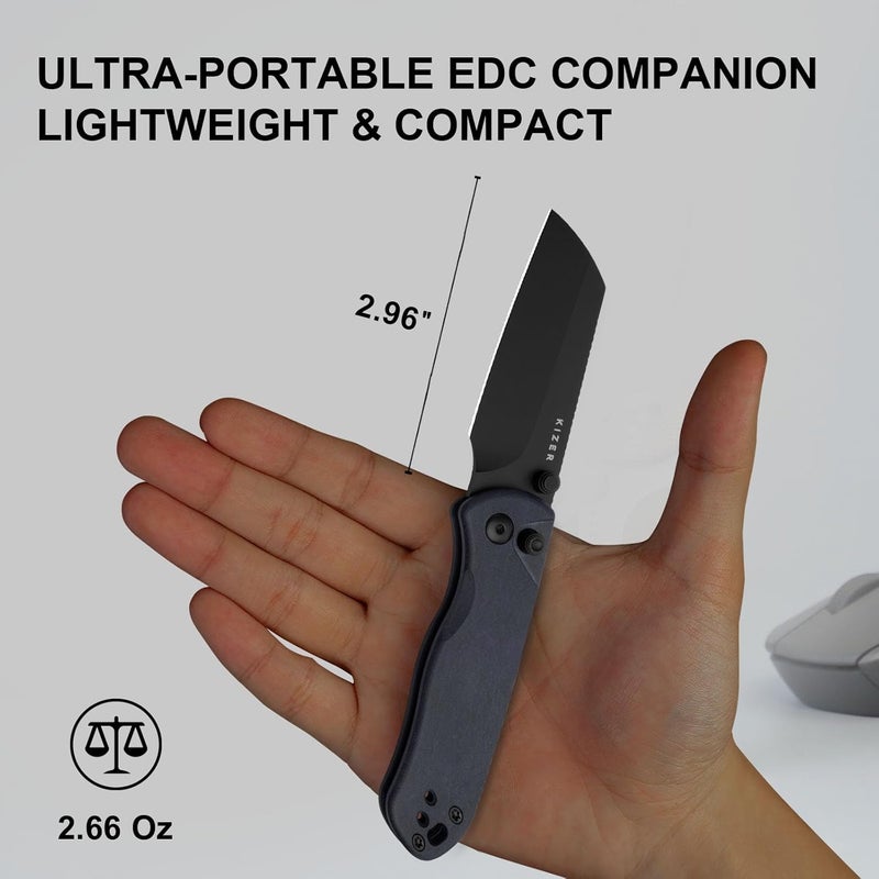 KIZER سكين جيب دروب بير 2، شفرة شيفت فوت 2.96" من فولاذ نيترو-في مع مقبض ريتشلايت الأزرق، قفل بطانة زر، سكاكين EDC مع نتوءات على العمود للرجال والنساء V3619.2CS1 - Image 5